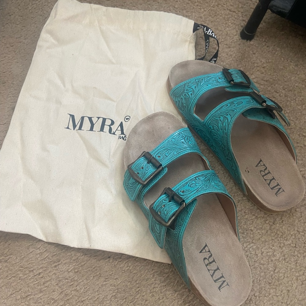 Myra Bag Teal Embossed Double-Buckle Slide Sandals